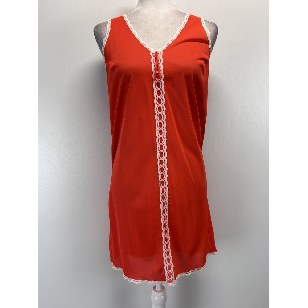 Vtg Formfit Rogers Nylon Nightgown Sz Small Women's Orange Lace Trim Sleeveless